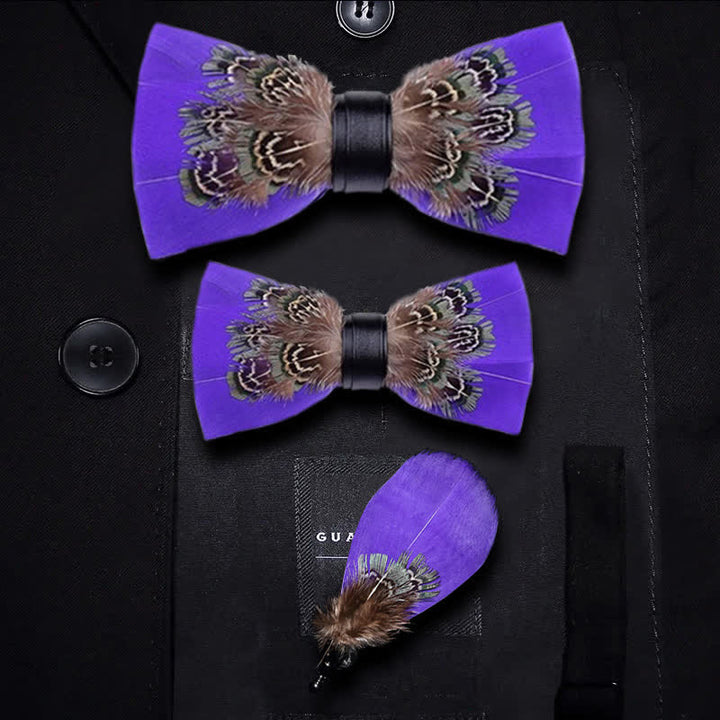 Papillon con piume di fagiano viola grazioso per bambini con spilla da bavero - Set Genitore-Figlio - image 2