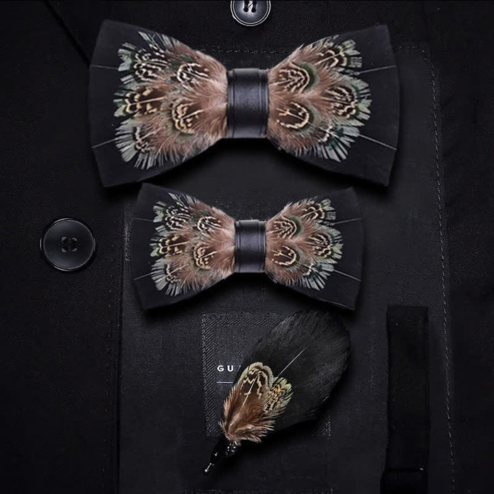 Papillon con piume di fagiano nero e marrone per bambini con spilla da bavero - Set Genitore-Figlio - image 2
