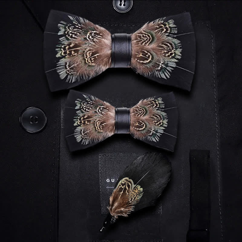 Papillon con piume di fagiano nero e marrone per bambini con spilla da bavero - Set Genitore-Figlio - image 2