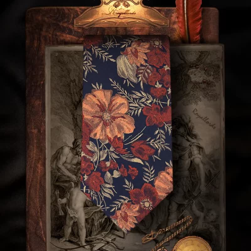 Cravatta da uomo con ricamo floreale e sfondo blu retrò