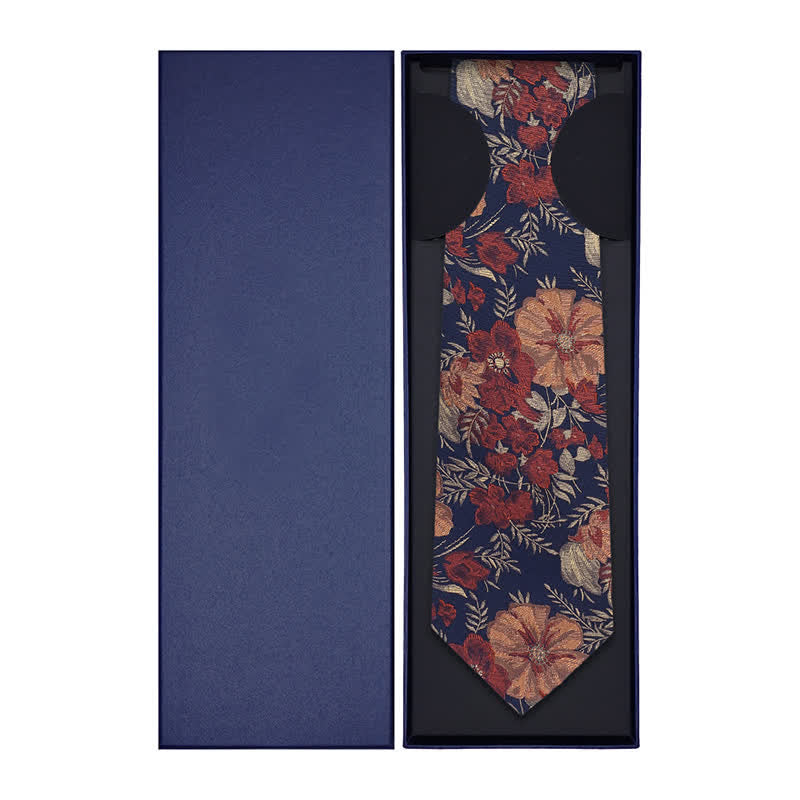Cravatta da uomo con ricamo floreale e sfondo blu retrò