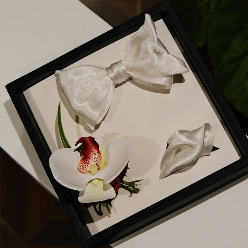 Set di 3 fazzoletti e papillon Phalaenopsis bianchi da uomo - Bianco - image 0