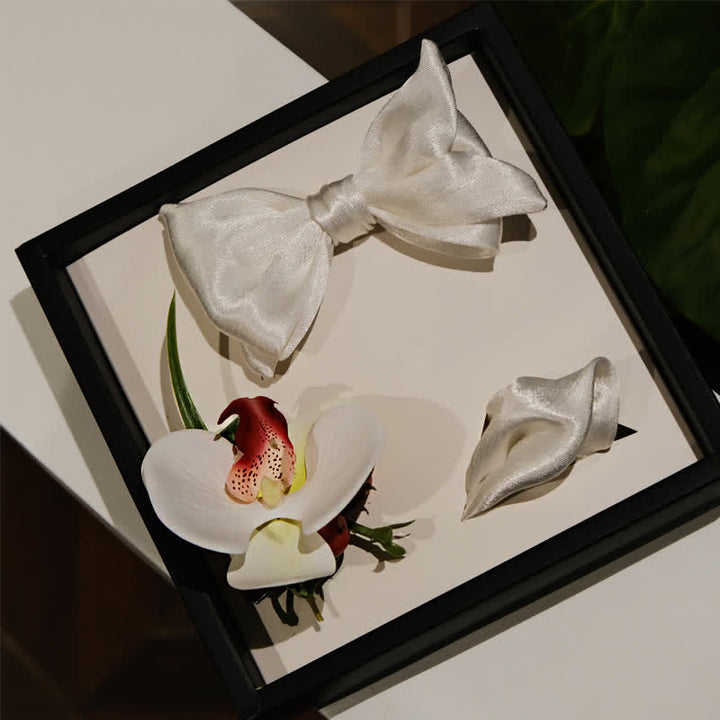 Set di 3 fazzoletti e papillon Phalaenopsis bianchi da uomo