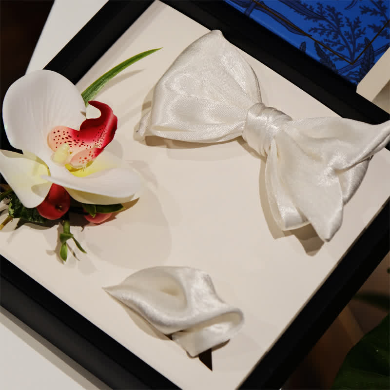 Set di 3 fazzoletti e papillon Phalaenopsis bianchi da uomo