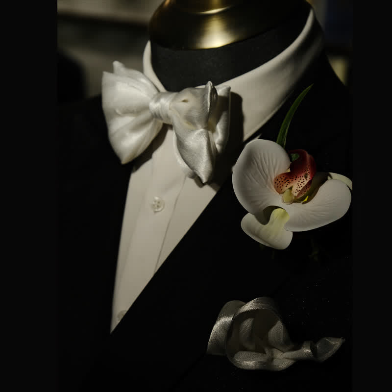 Set di 3 fazzoletti e papillon Phalaenopsis bianchi da uomo