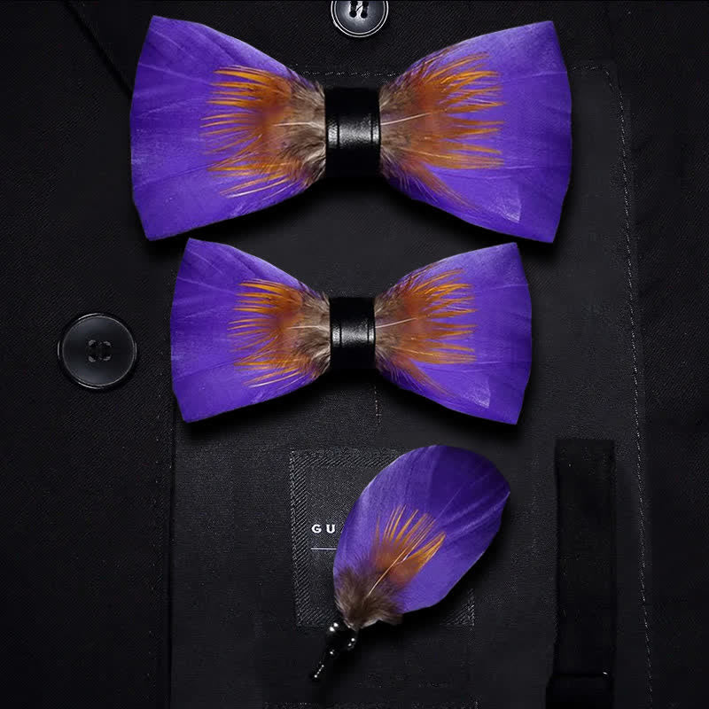 Papillon con piume viola e arancione decorato per bambini con spilla da bavero - Set Genitore-Figlio - image 4