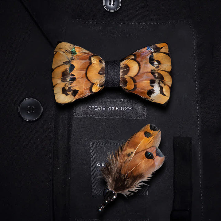 Papillon con piume di fagiano beige e oro per bambini con spilla da bavero - Ragazzo - image 0