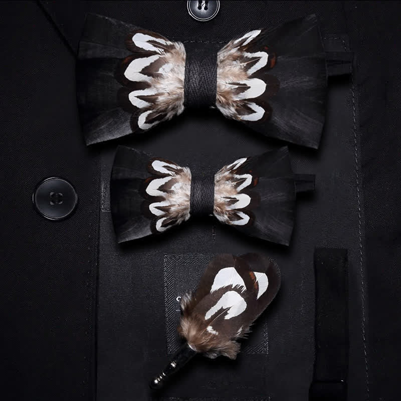 Papillon con piume e spilla da bavero per bambini, motivo bianco e nero - Set Genitore-Figlio - image 4