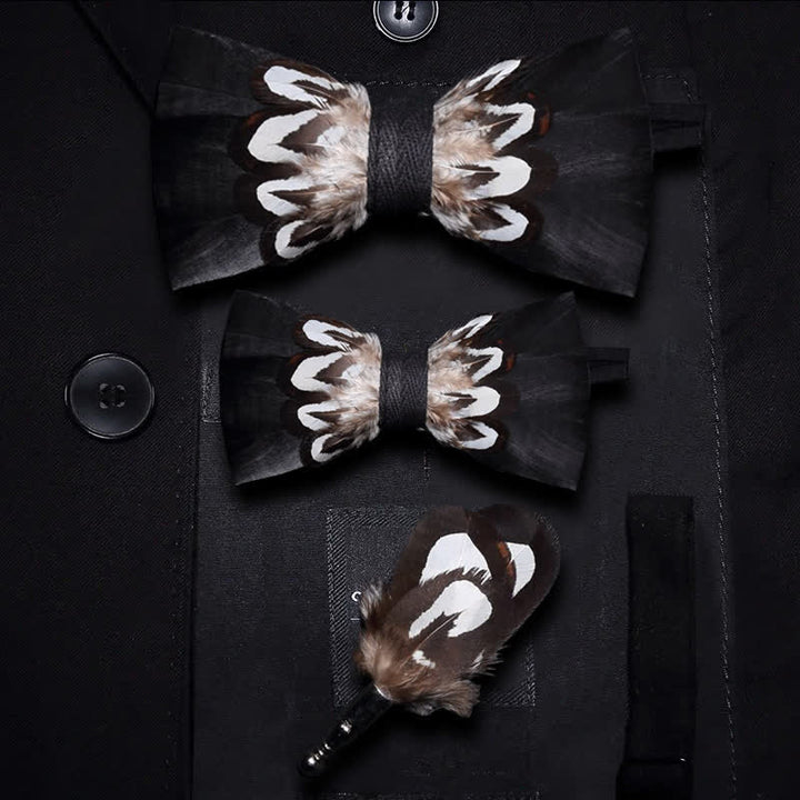 Papillon con piume e spilla da bavero per bambini, motivo bianco e nero - Set Genitore-Figlio - image 4