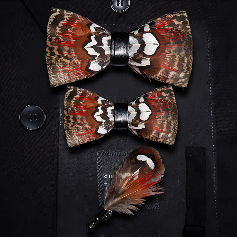 Papillon con piume marrone e rosso per bambini con spilla da bavero - Set Genitore-Figlio - image 3
