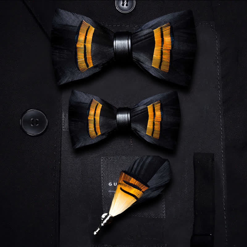 Papillon con piume di mezzanotte, nero e arancione, per bambini, con spilla da bavero