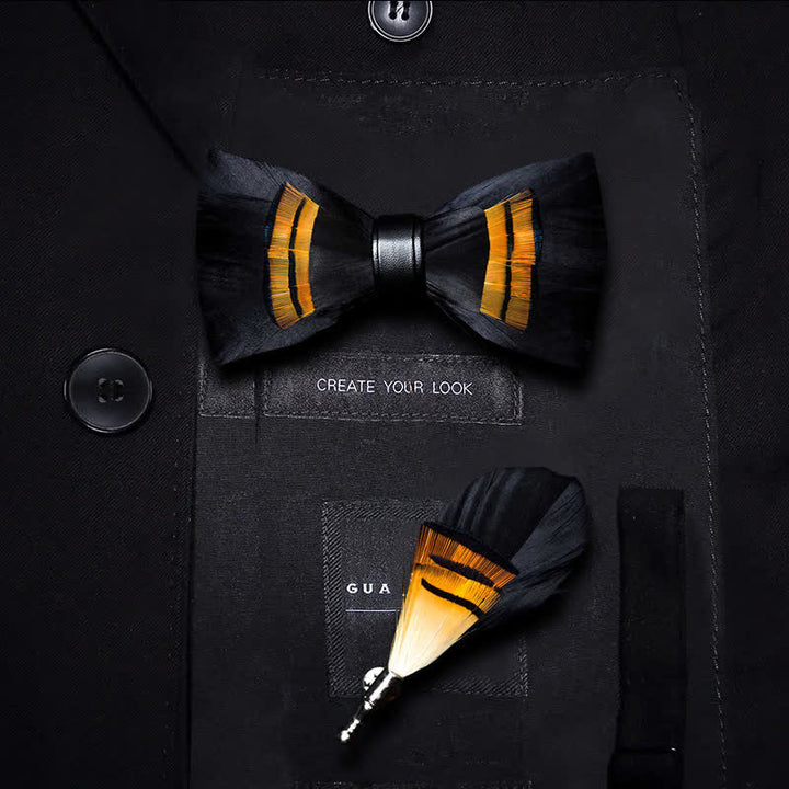 Papillon con piume di mezzanotte, nero e arancione, per bambini, con spilla da bavero