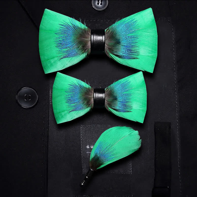 Papillon con piume blu e verde per bambini con spilla da bavero - Set Genitore-Figlio - image 5