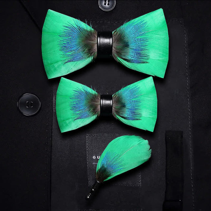 Papillon con piume blu e verde per bambini con spilla da bavero - Set Genitore-Figlio - image 5