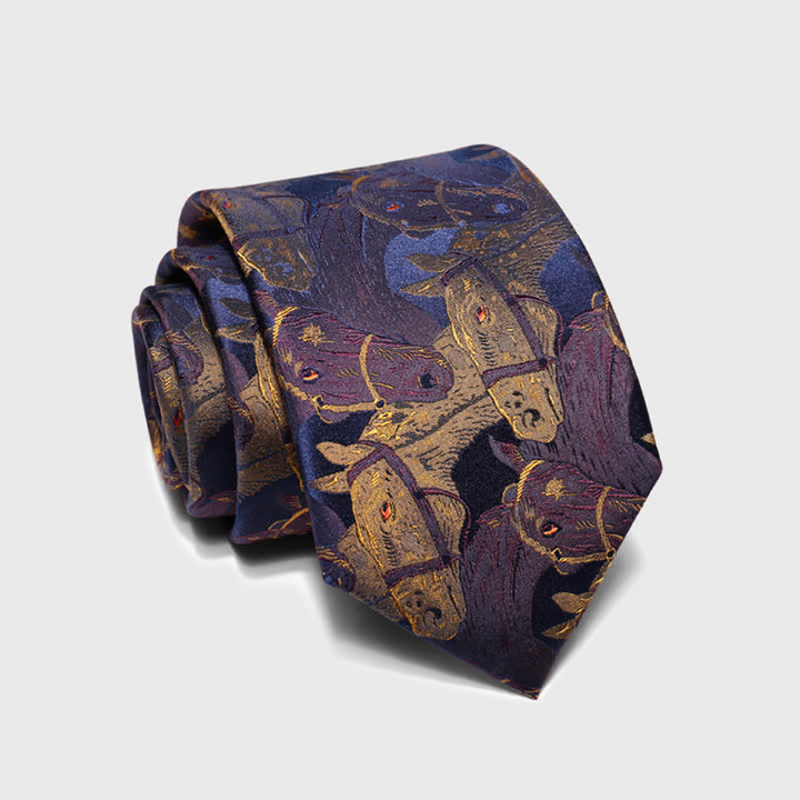 Cravatta da uomo in jacquard con motivo a cavallo viola e verga d'oro