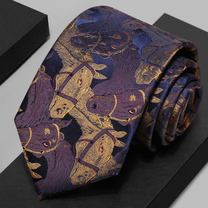 Cravatta da uomo in jacquard con motivo a cavallo viola e verga d'oro