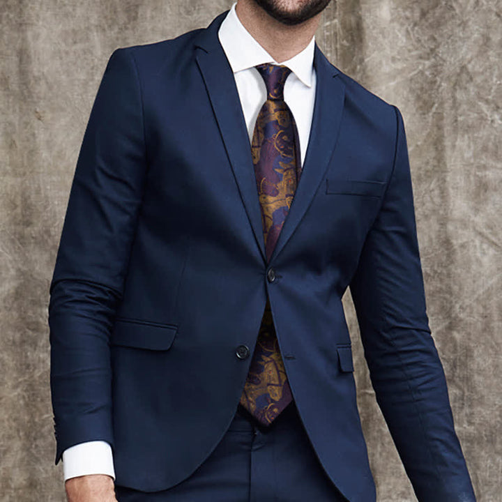 Cravatta da uomo in jacquard con motivo a cavallo viola e verga d'oro