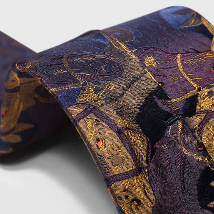 Cravatta da uomo in jacquard con motivo a cavallo viola e verga d'oro