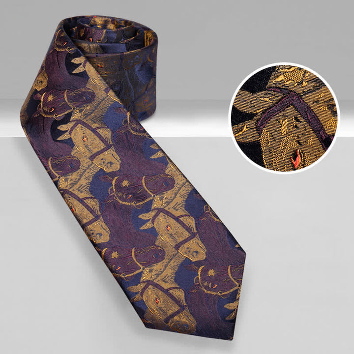 Cravatta da uomo in jacquard con motivo a cavallo viola e verga d'oro