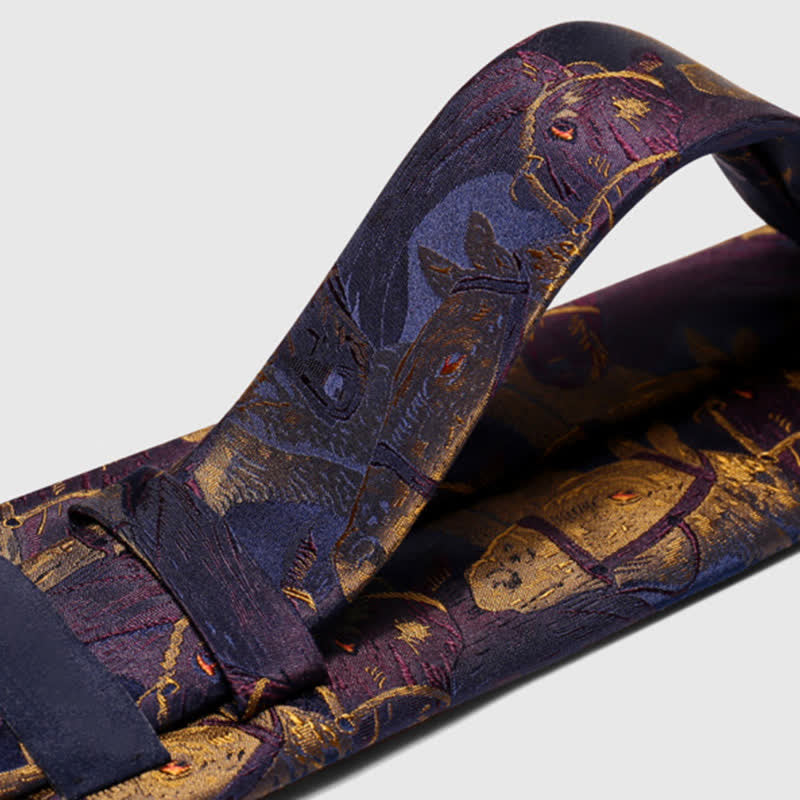 Cravatta da uomo in jacquard con motivo a cavallo viola e verga d'oro