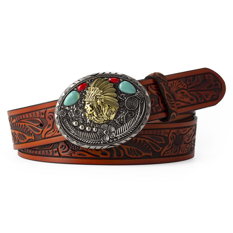 Cintura in pelle stile indiano country turchese da uomo - Marrone - 46 - image 8