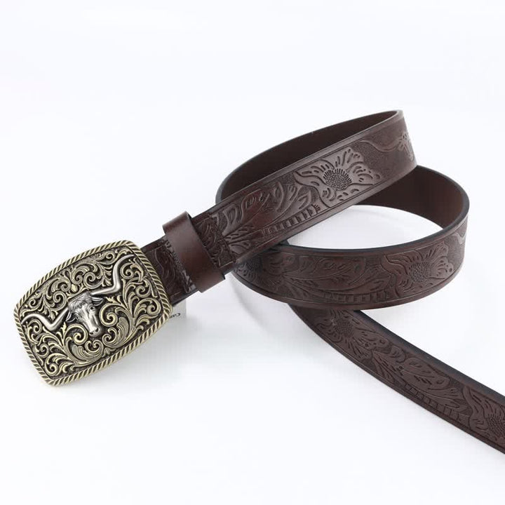 Cintura da uomo in pelle incisa con motivo floreale a toro in bronzo - image 10
