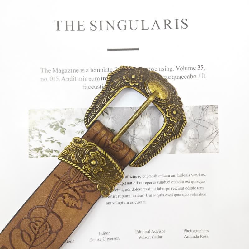 Cintura in pelle da donna con motivo floreale a rose color oro antico
