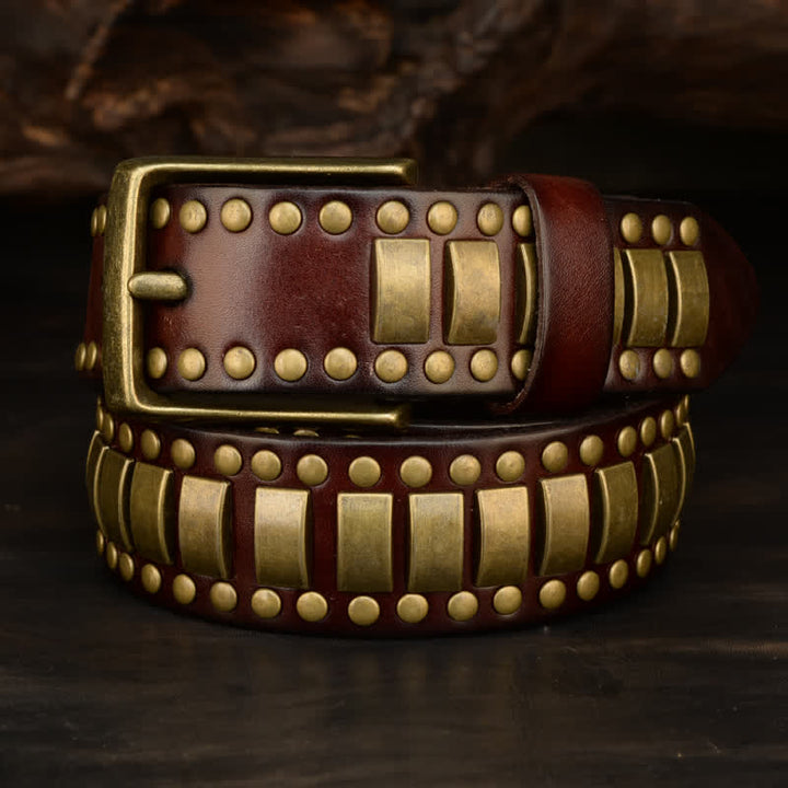 Cintura in pelle con rivetti quadrati e rotondi in oro antico da uomo - image 0
