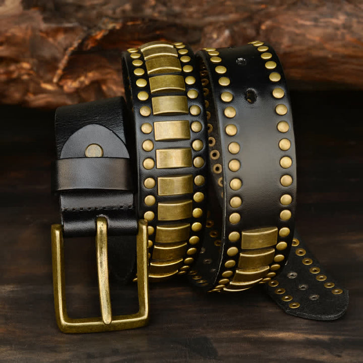 Cintura in pelle con rivetti quadrati e rotondi in oro antico da uomo