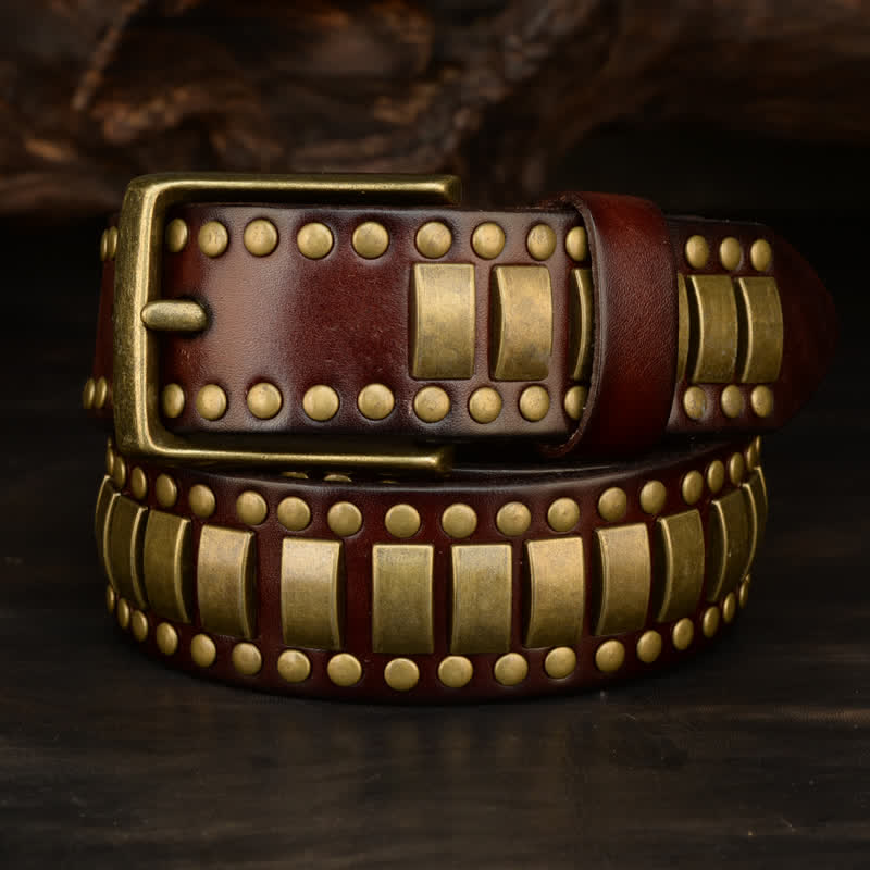 Cintura in pelle con rivetti quadrati e rotondi in oro antico da uomo - image 1