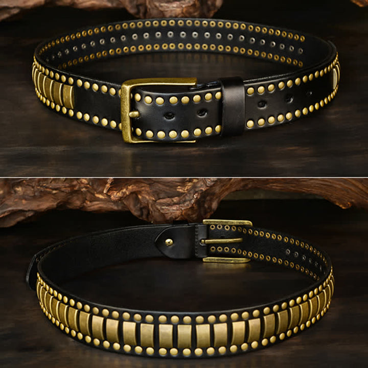 Cintura in pelle con rivetti quadrati e rotondi in oro antico da uomo - image 21