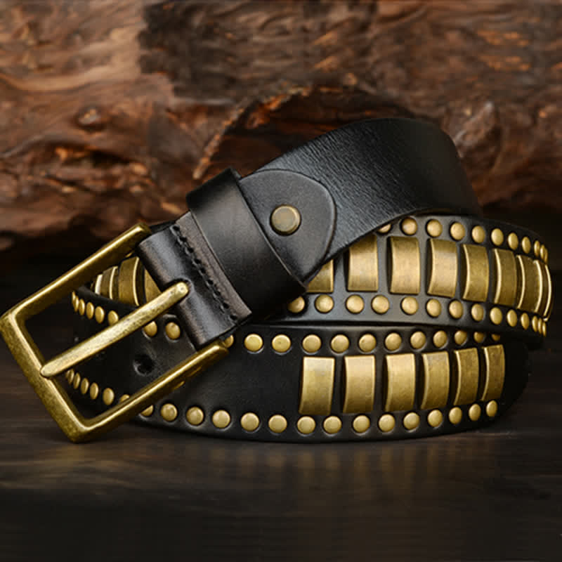 Cintura in pelle con rivetti quadrati e rotondi in oro antico da uomo