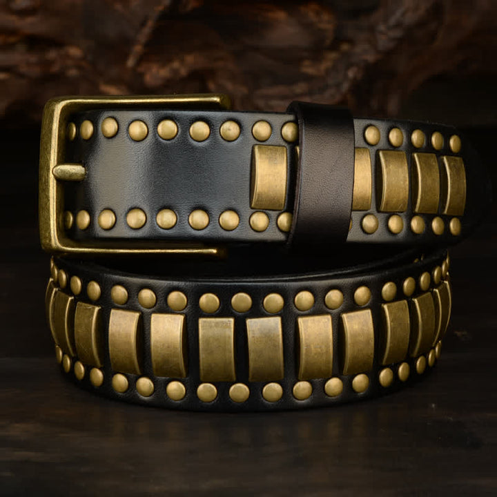 Cintura in pelle con rivetti quadrati e rotondi in oro antico da uomo - image 13