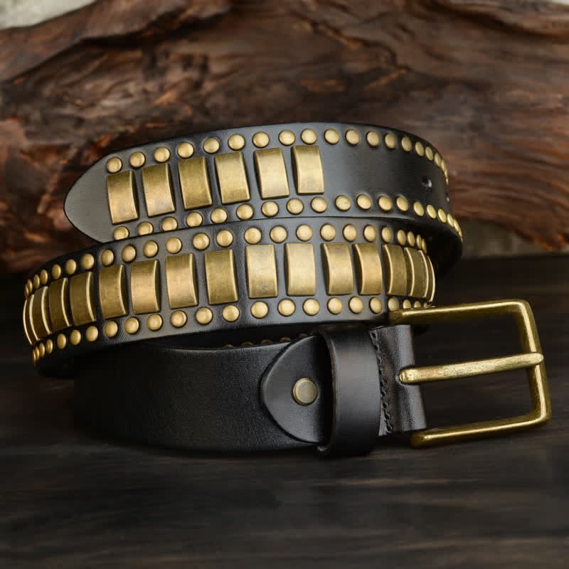 Cintura in pelle con rivetti quadrati e rotondi in oro antico da uomo