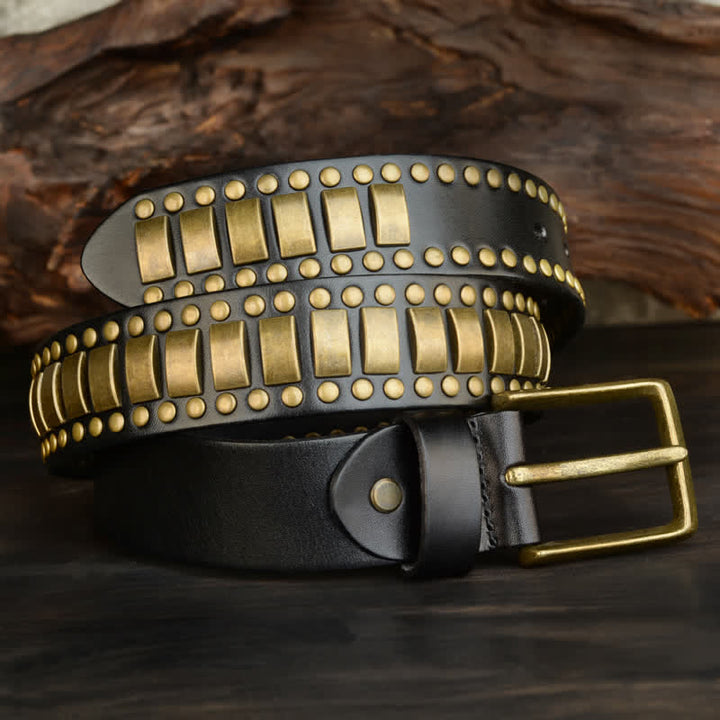 Cintura in pelle con rivetti quadrati e rotondi in oro antico da uomo