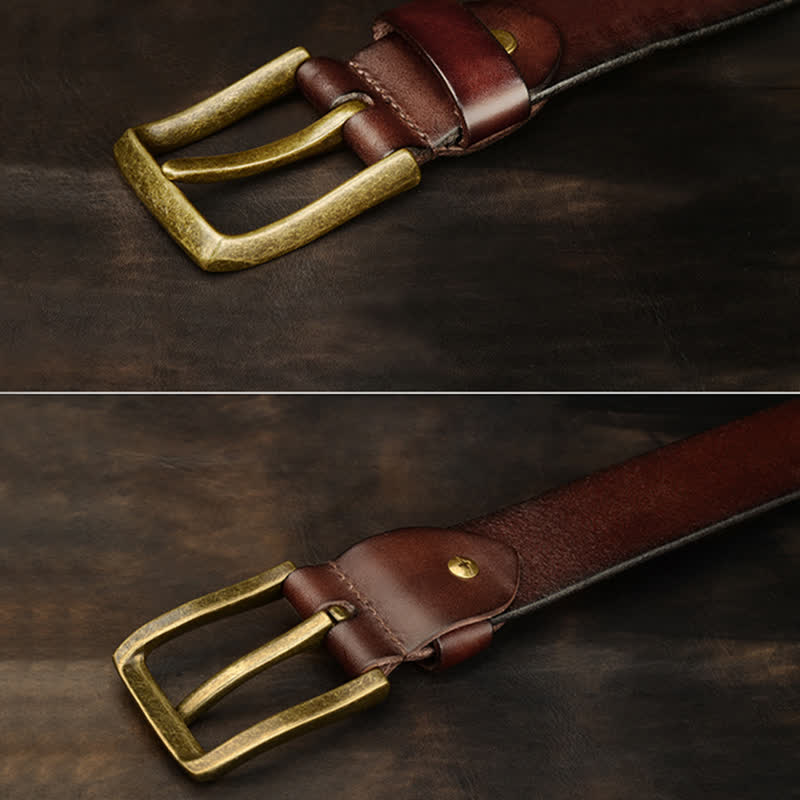 Cintura in pelle con rivetti quadrati e rotondi in oro antico da uomo