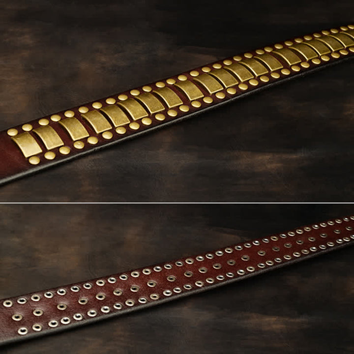 Cintura in pelle con rivetti quadrati e rotondi in oro antico da uomo - image 6