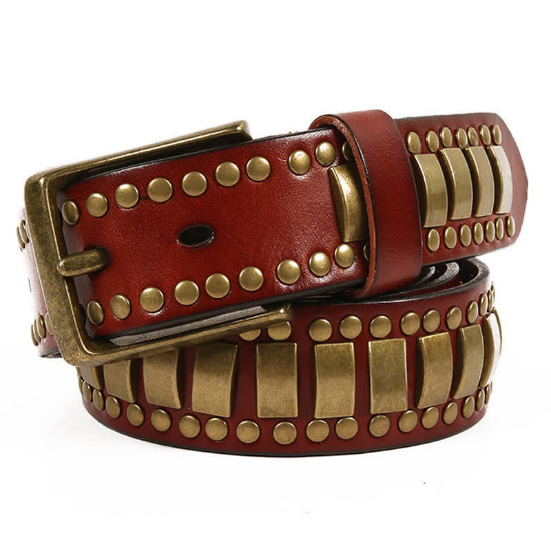 Cintura in pelle con rivetti quadrati e rotondi in oro antico da uomo - image 27