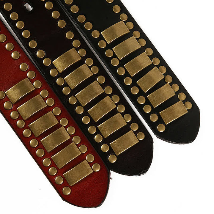 Cintura in pelle con rivetti quadrati e rotondi in oro antico da uomo - image 25