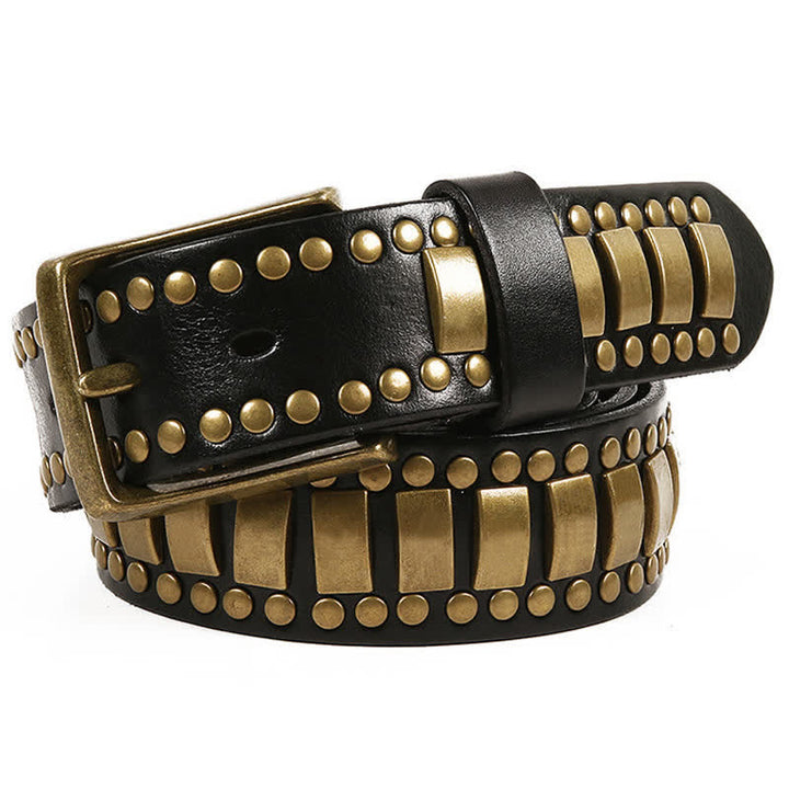 Cintura in pelle con rivetti quadrati e rotondi in oro antico da uomo