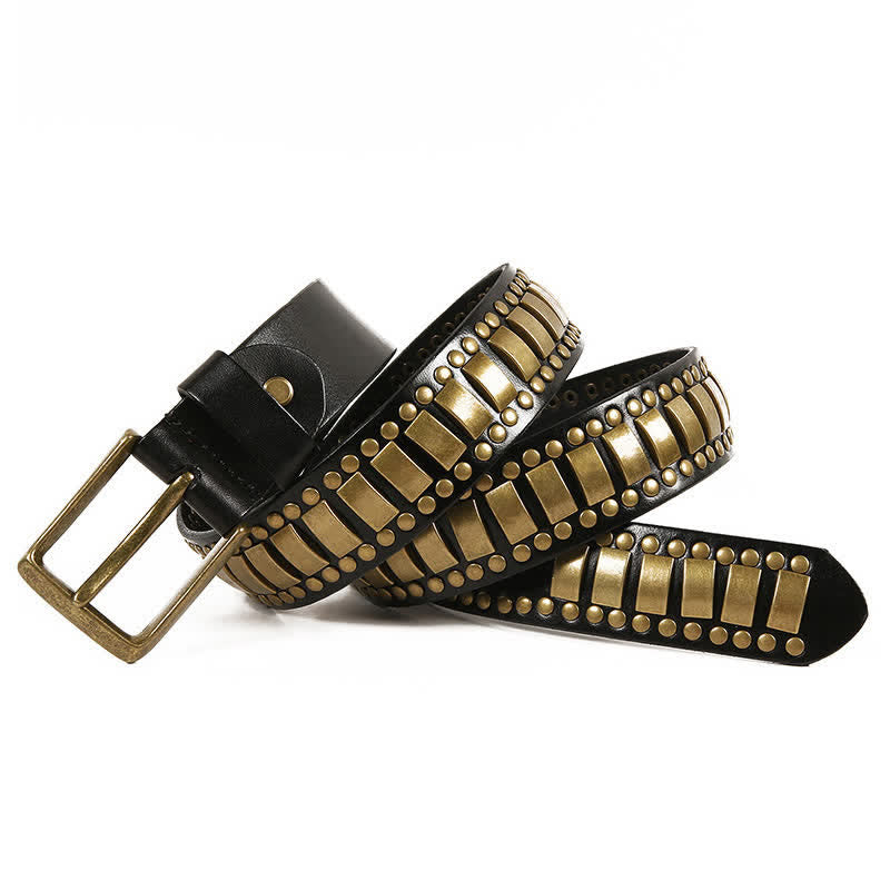 Cintura in pelle con rivetti quadrati e rotondi in oro antico da uomo - image 10