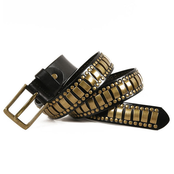 Cintura in pelle con rivetti quadrati e rotondi in oro antico da uomo - image 10