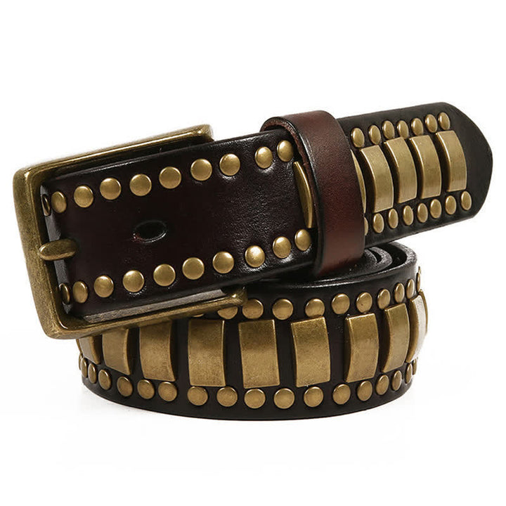 Cintura in pelle con rivetti quadrati e rotondi in oro antico da uomo - image 3