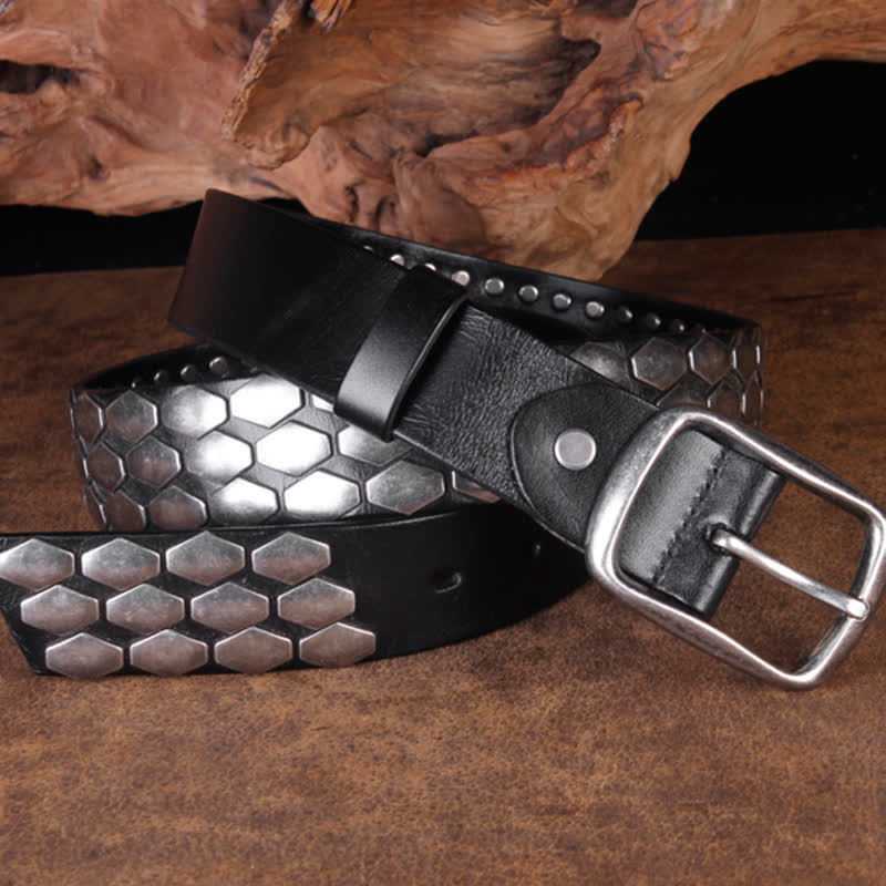 Cintura in pelle con borchie e scaglie di pesce punk da uomo