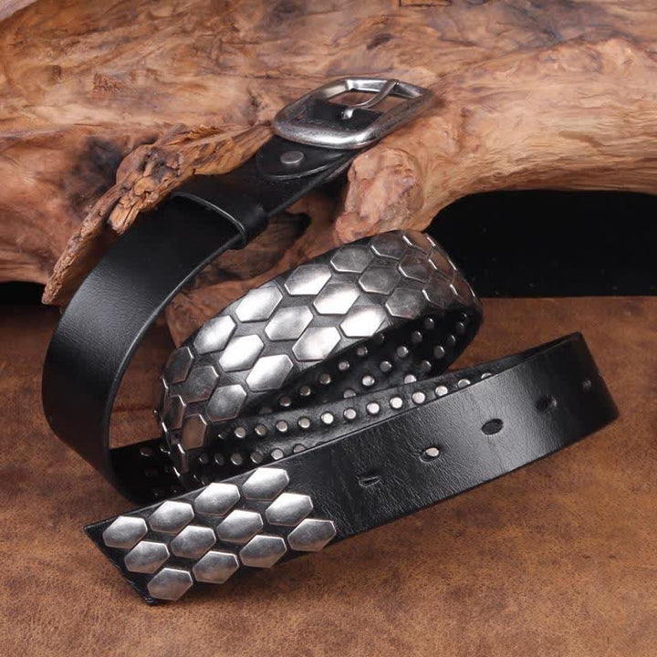 Cintura in pelle con borchie e scaglie di pesce punk da uomo - Nero - 44 - image 6