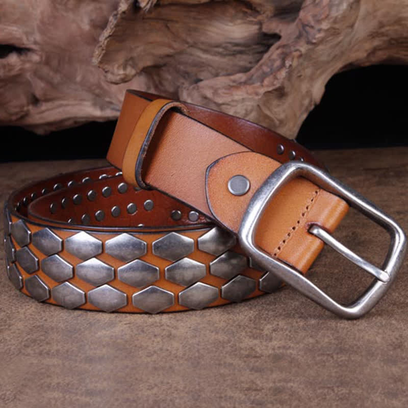 Cintura in pelle con borchie e scaglie di pesce punk da uomo