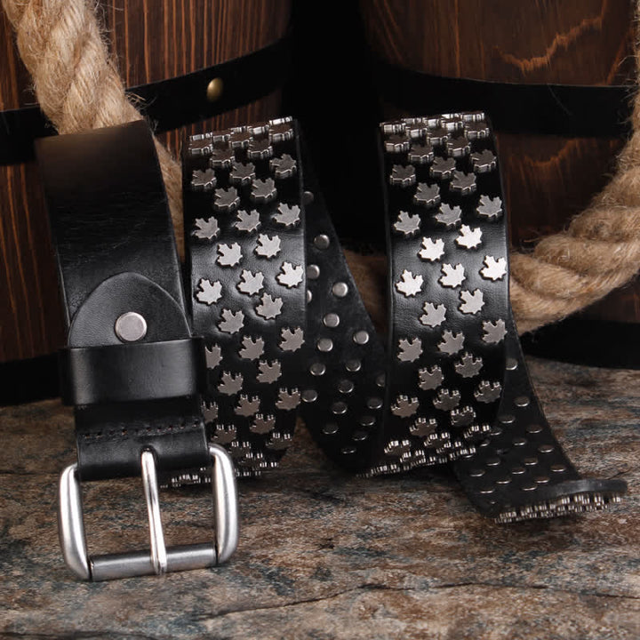 Cintura in pelle con rivetti a forma di foglia d'acero unica da uomo