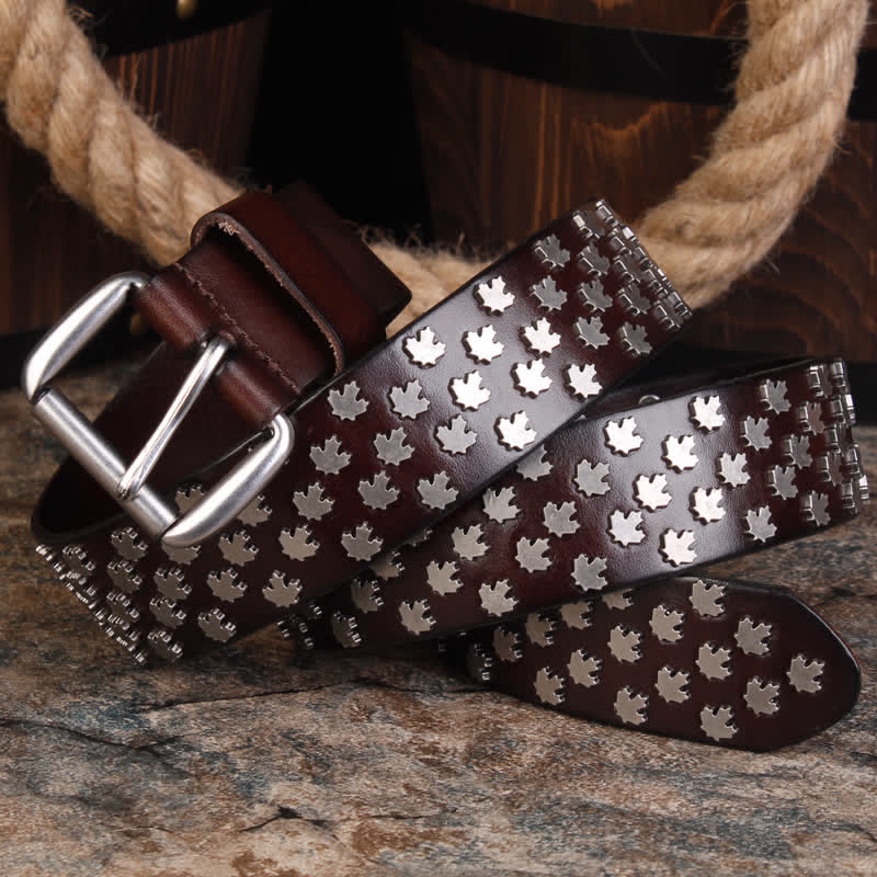 Cintura in pelle con rivetti a forma di foglia d'acero unica da uomo
