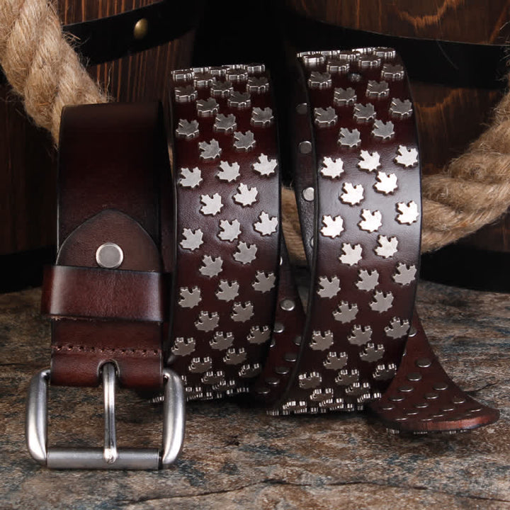 Cintura in pelle con rivetti a forma di foglia d'acero unica da uomo - Marrone scuro - 44 - image 3