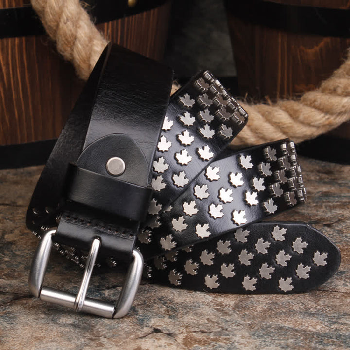 Cintura in pelle con rivetti a forma di foglia d'acero unica da uomo